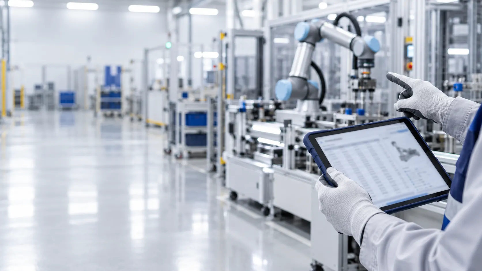 A gloved hand on a factory floor pointing at equipment while checking its specifications on a tablet
