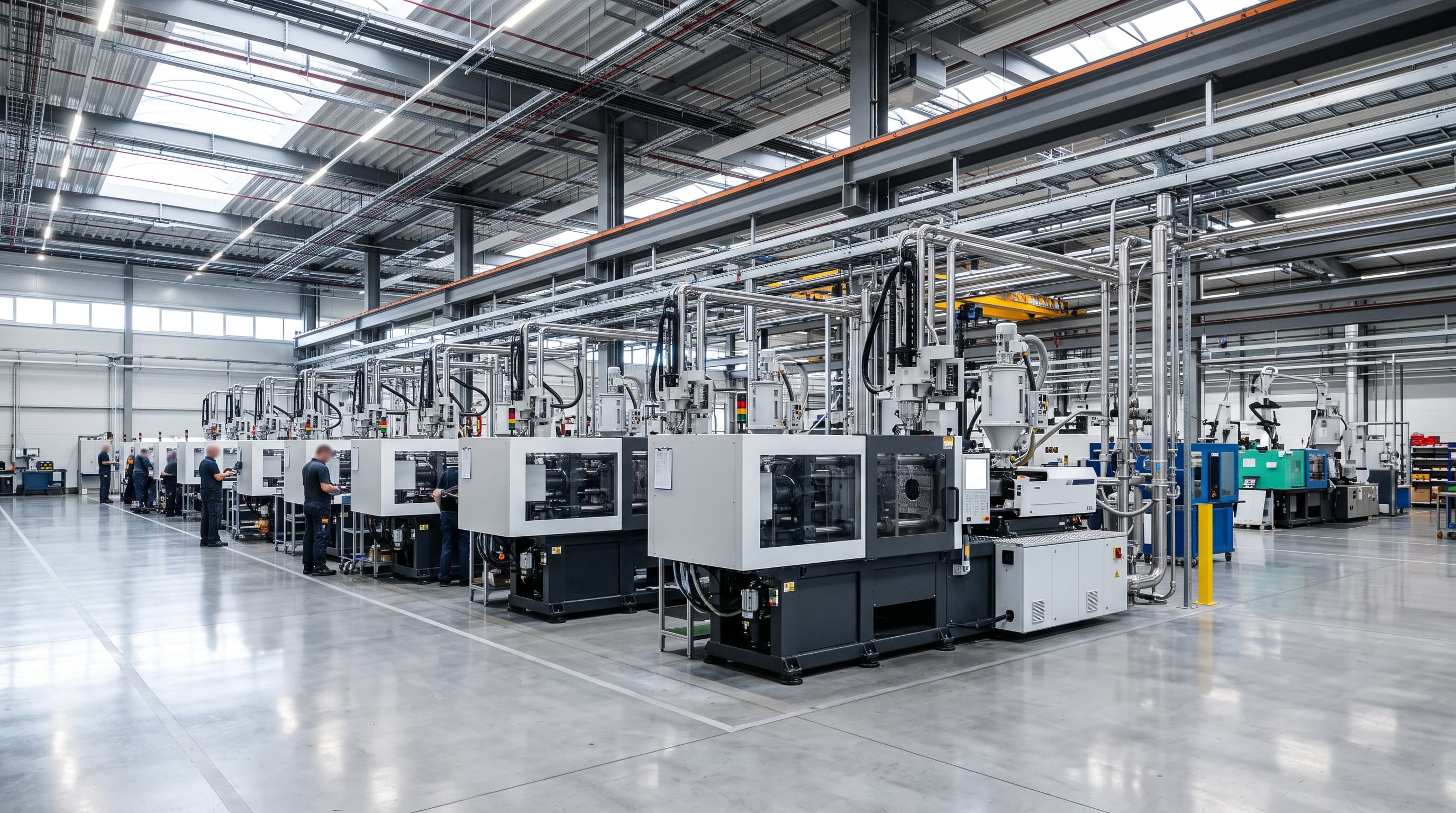 Row of industrial injection molding machines operating inside a clean manufacturing facility.