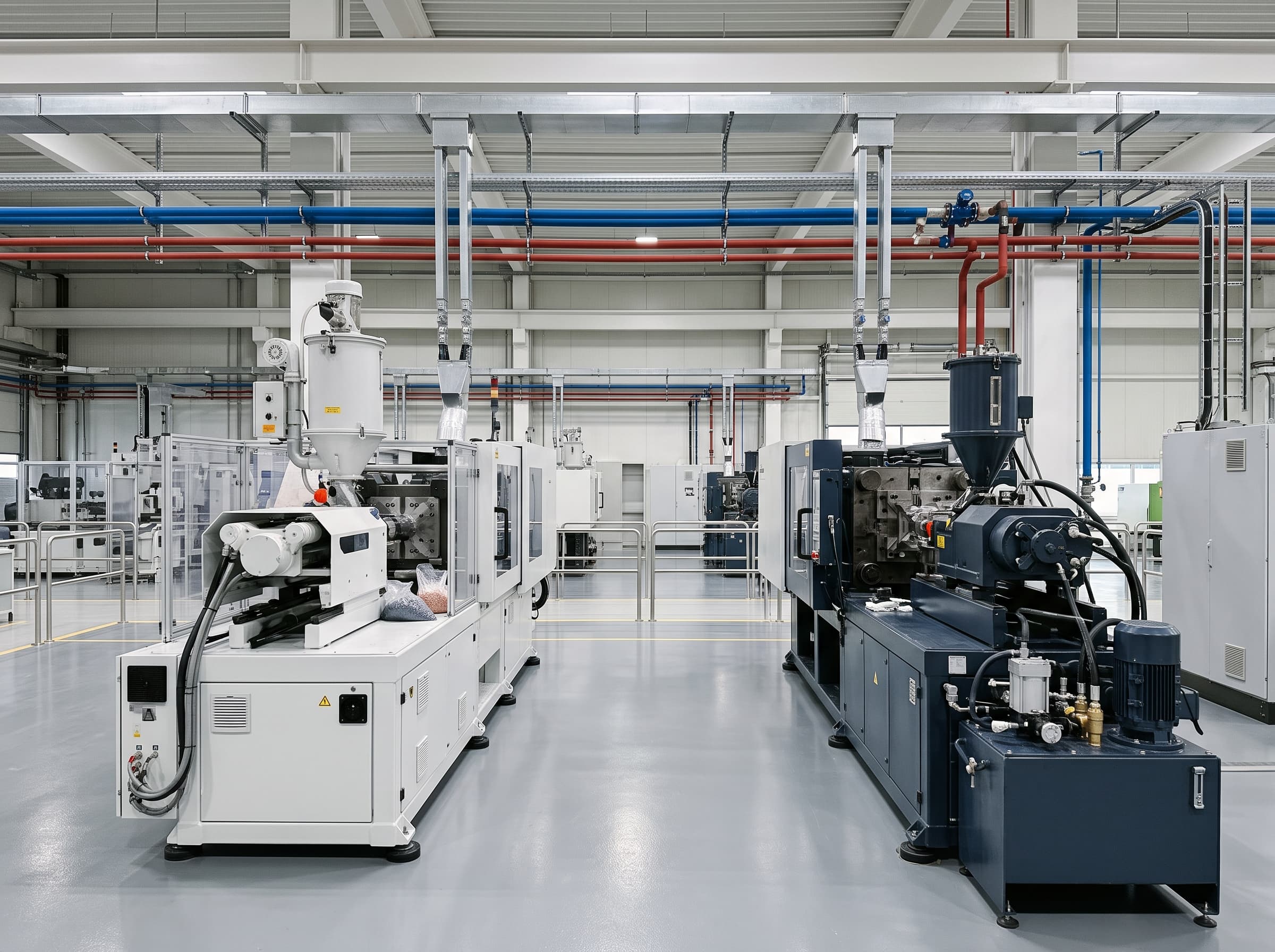Side-by-side industrial comparison of electric and servo-hydraulic injection molding machines on a factory floor.