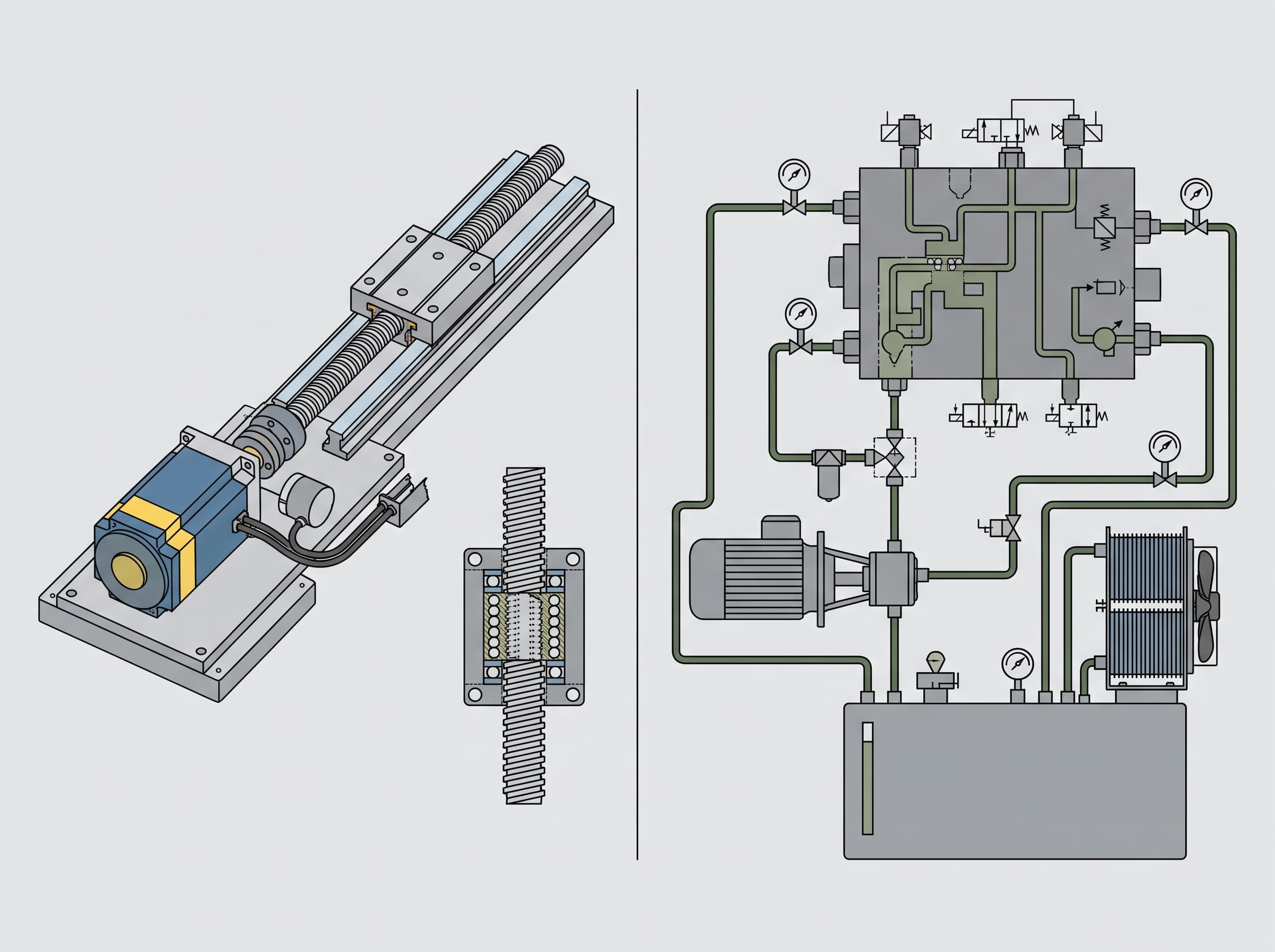 Diagram comparing an electro-mechanical servo motor drive with a hydraulic pump and manifold system.