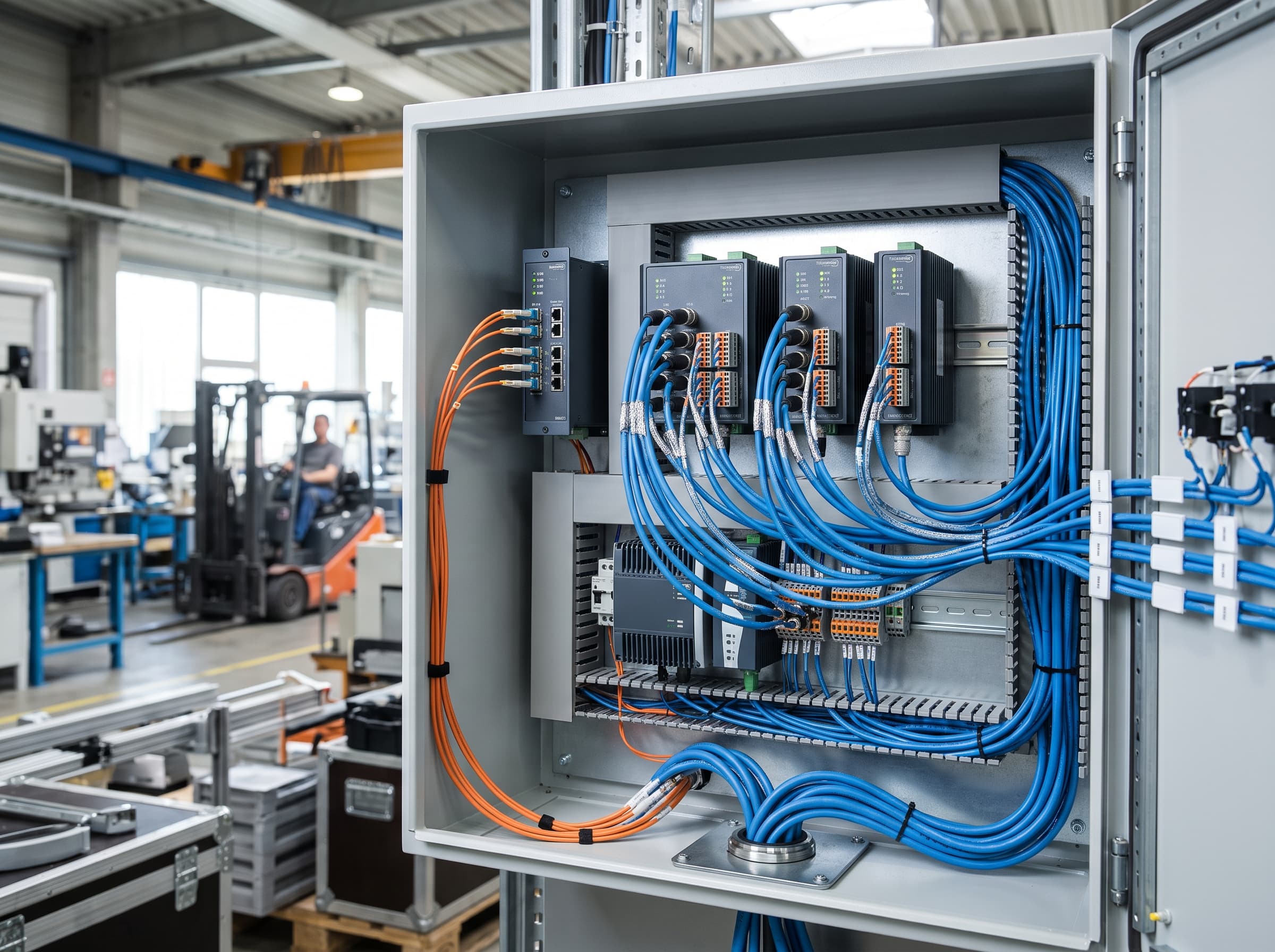 Industrial control cabinet featuring compact Single Pair Ethernet terminal blocks and field switches
