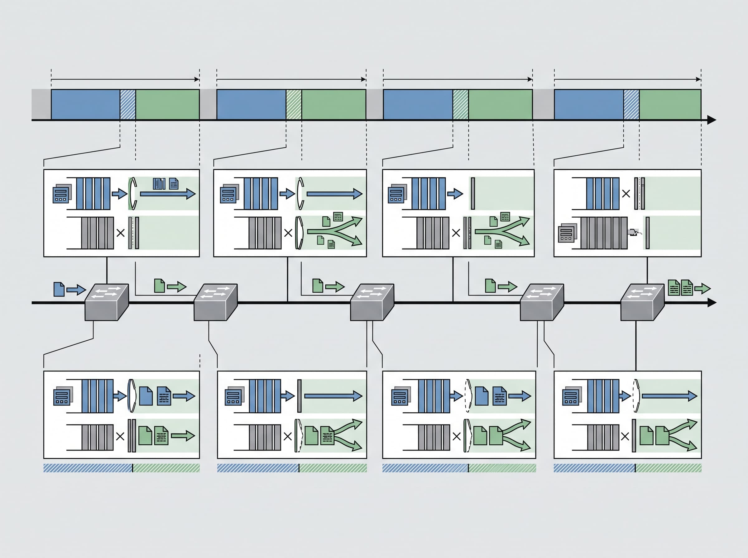 Diagram illustrating IEEE 802.1Qbv Time-Aware Shaper gate schedules separating real-time and best-effort traffic