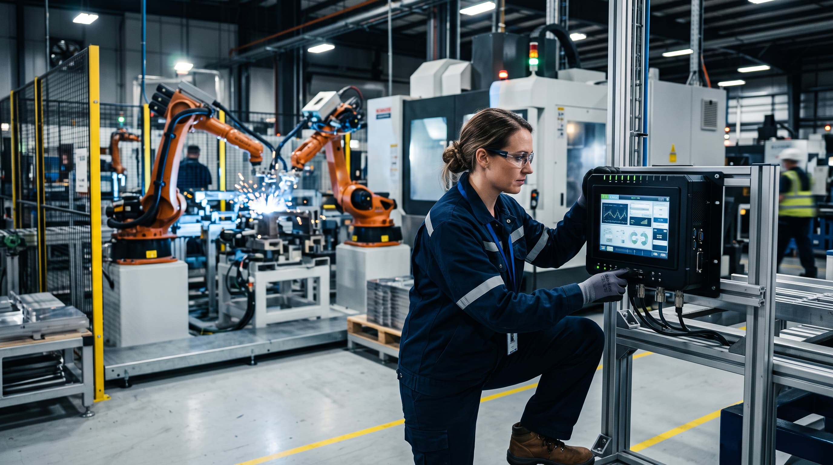 Industrial automation engineer monitoring edge computing hardware on a brownfield manufacturing line