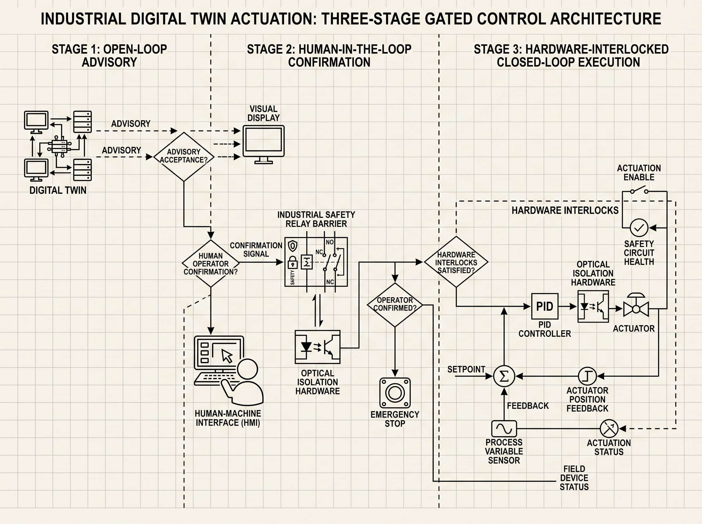 Block diagram of the three-tier validation gate for digital twin closed-loop actuation in brownfield industrial environments