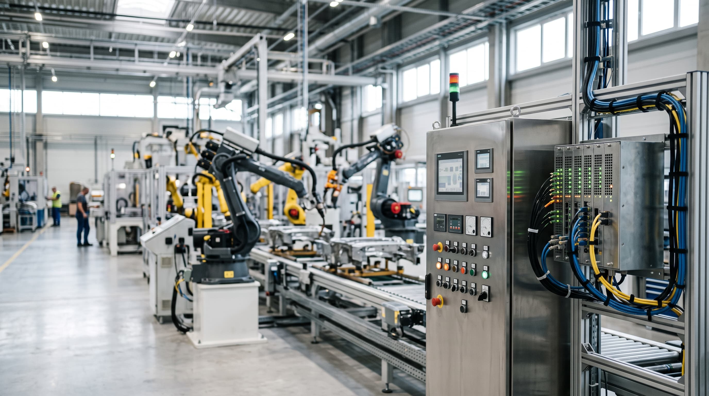 Modern factory automation line featuring industrial control cabinets and edge server hardware