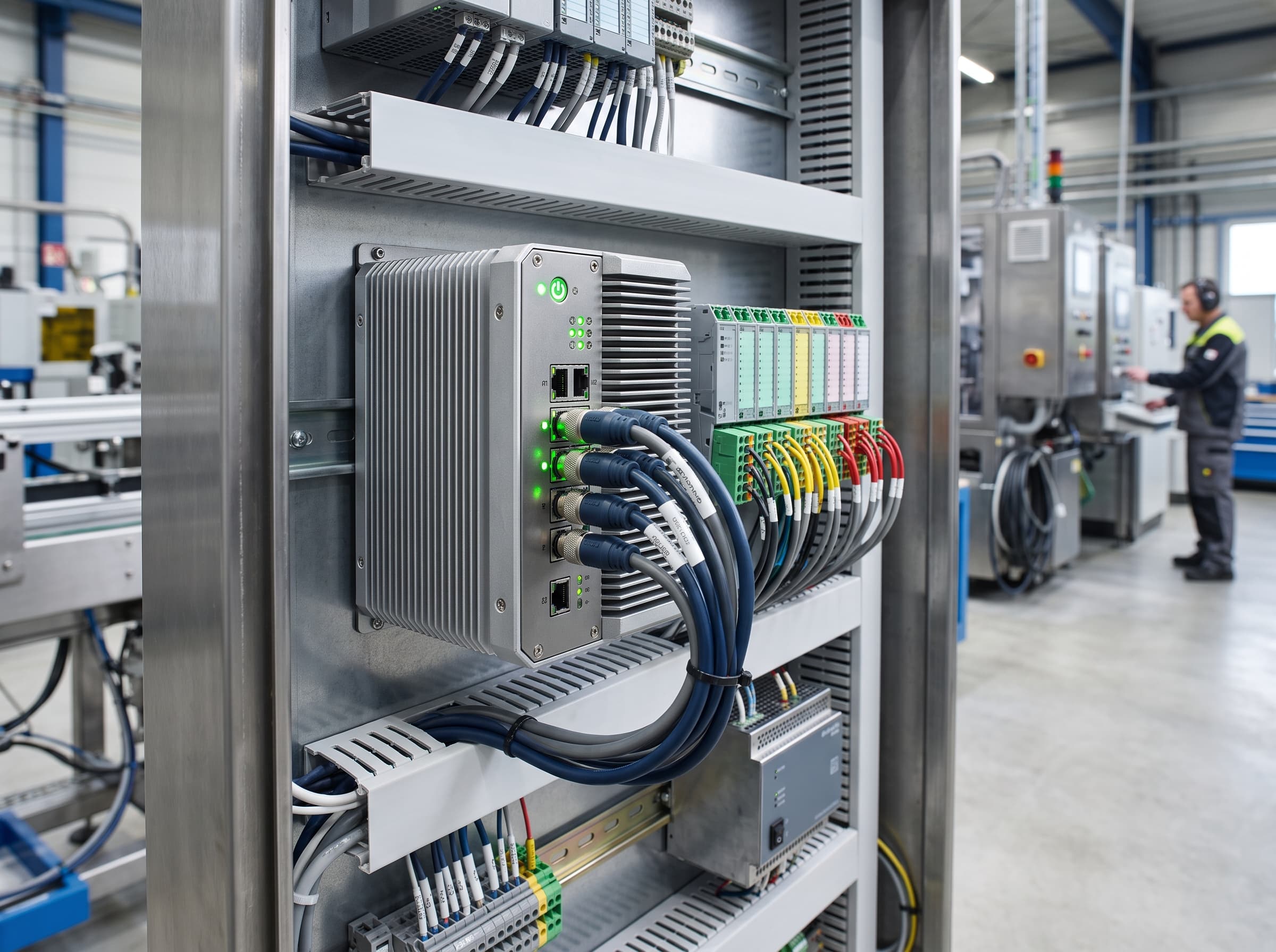 Industrial fanless edge PC mounted on a DIN rail in a control cabinet executing containerized virtual PLC workloads