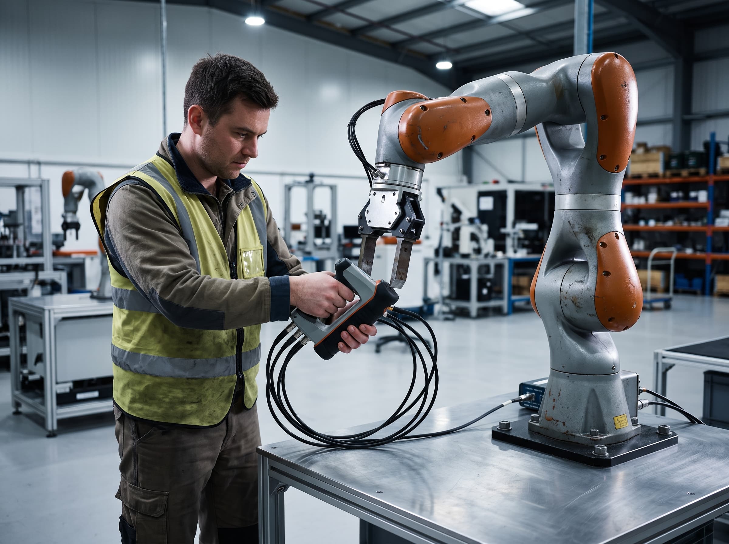 Biomechanical force measurement sensor mounted to an industrial test fixture to measure clamping force against a robotic gripper.