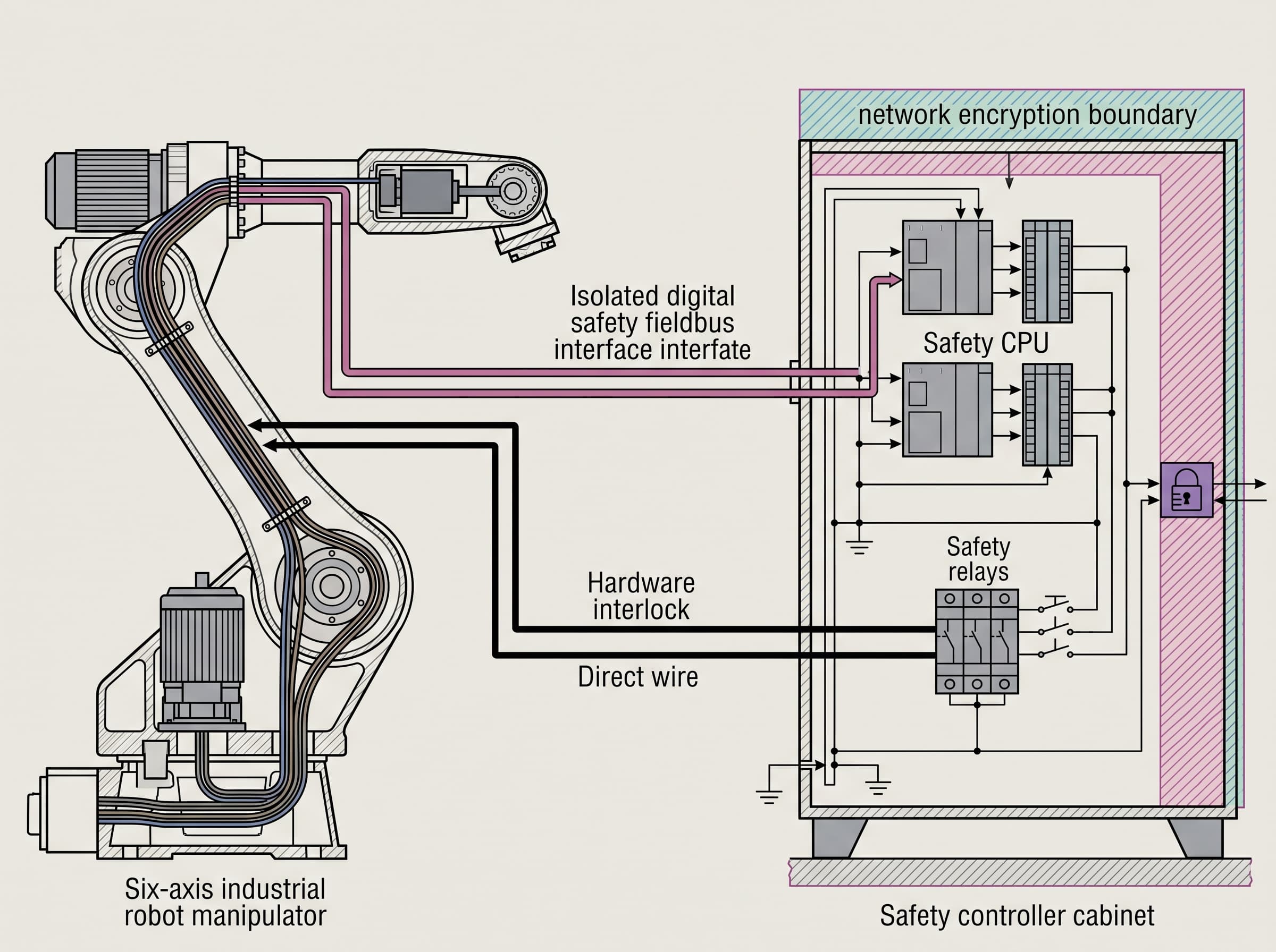 Schematic architecture diagram of an industrial robot arm and safety controller showing functional safety interfaces and cybersecurity isolation layers.