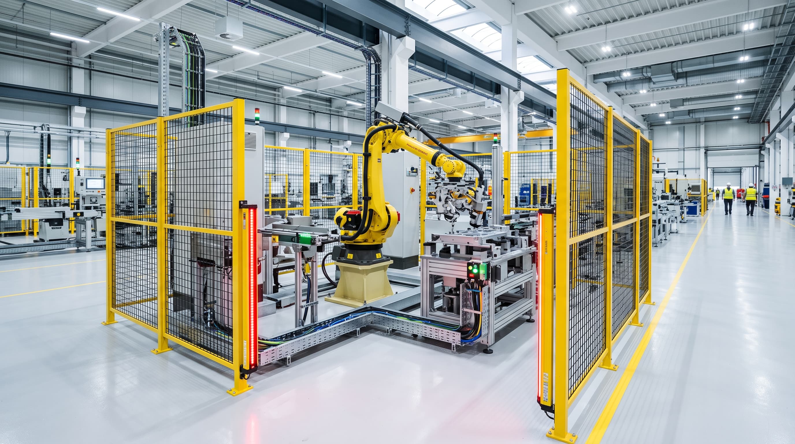 Industrial robotic cell operating within a manufacturing facility equipped with modern perimeter safety systems.