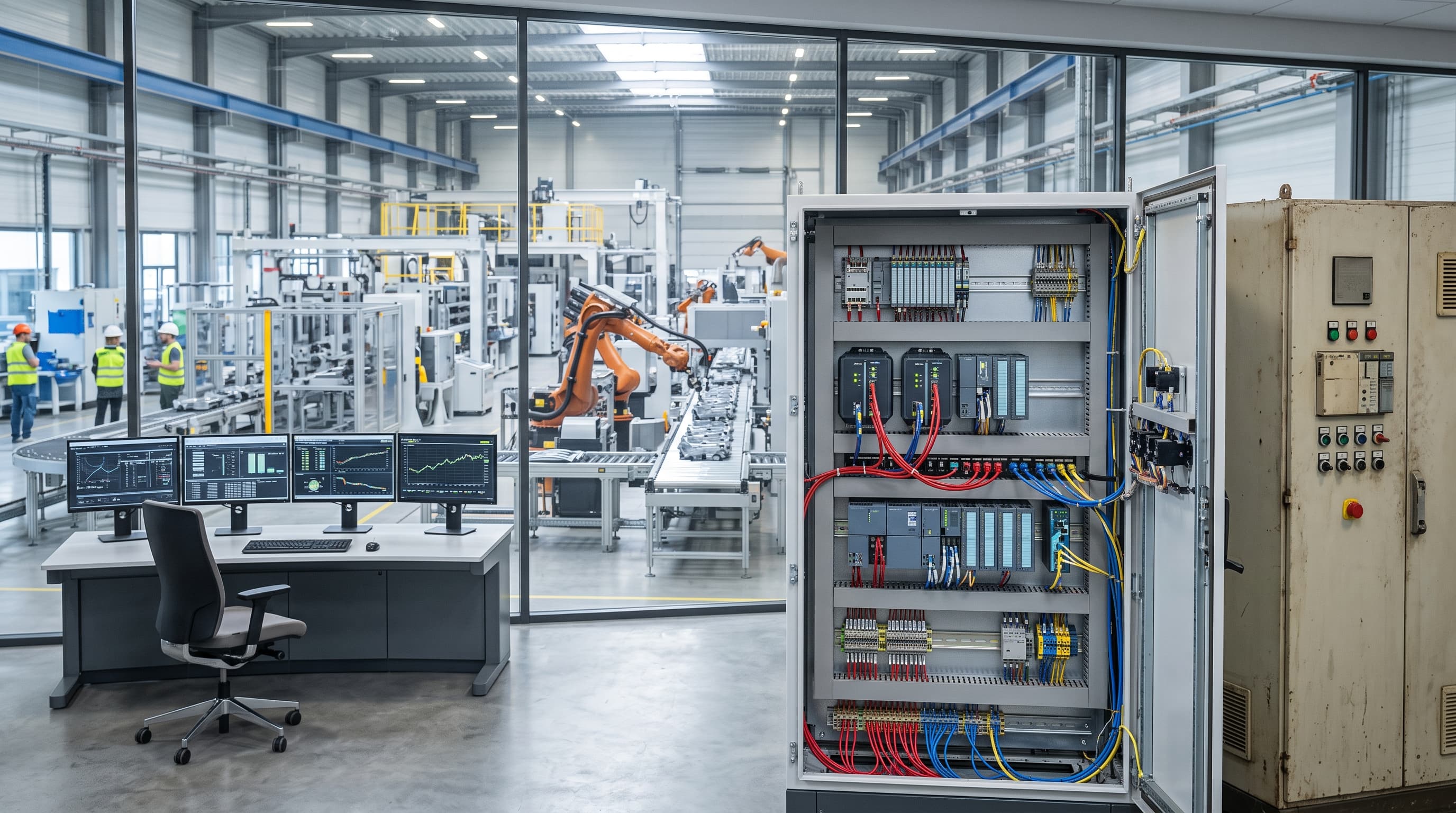 Industrial control cabinet with legacy PLCs and edge IoT gateways on a factory automation floor