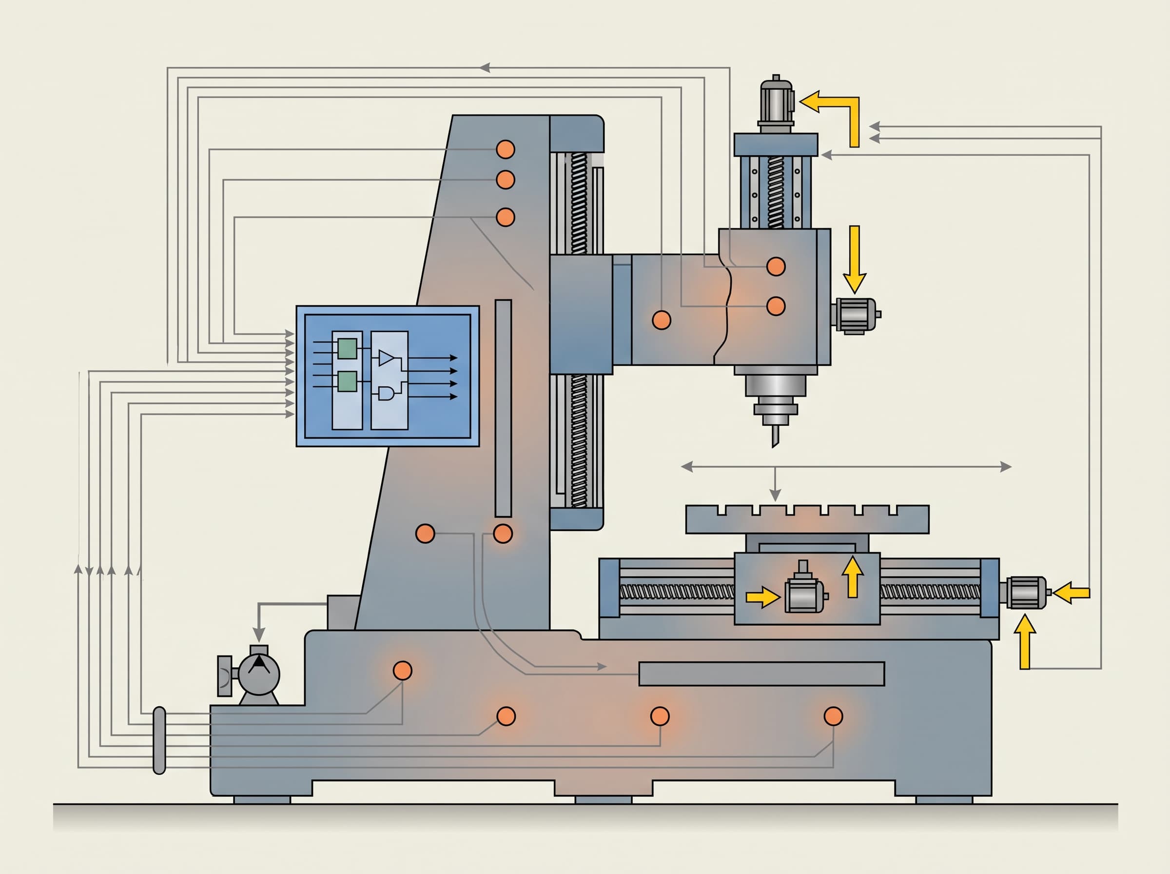 Schematic diagram of real-time thermal compensation data pipeline between physical machine sensors and CNC servo loops