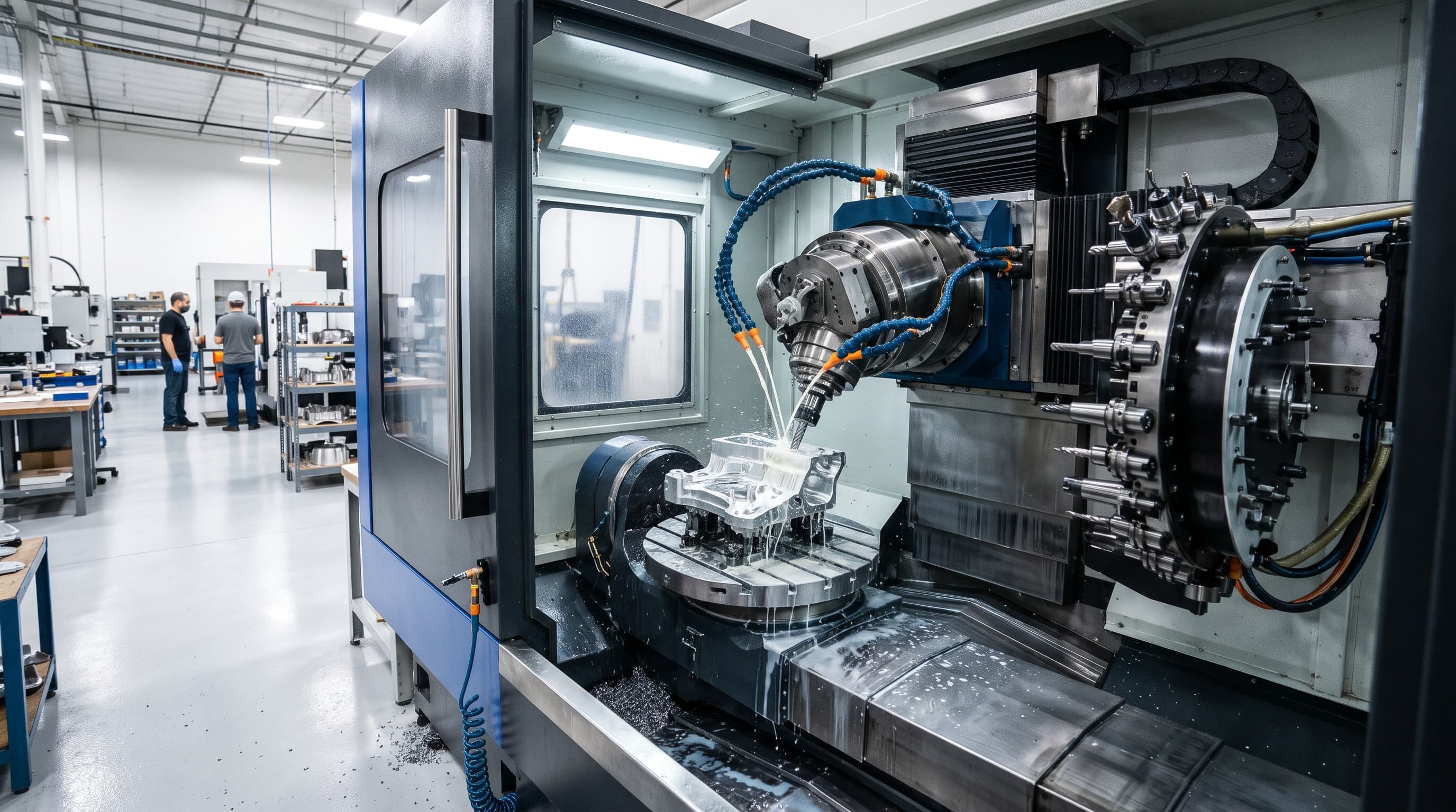 High-precision 5-axis CNC milling center performing aerospace component machining