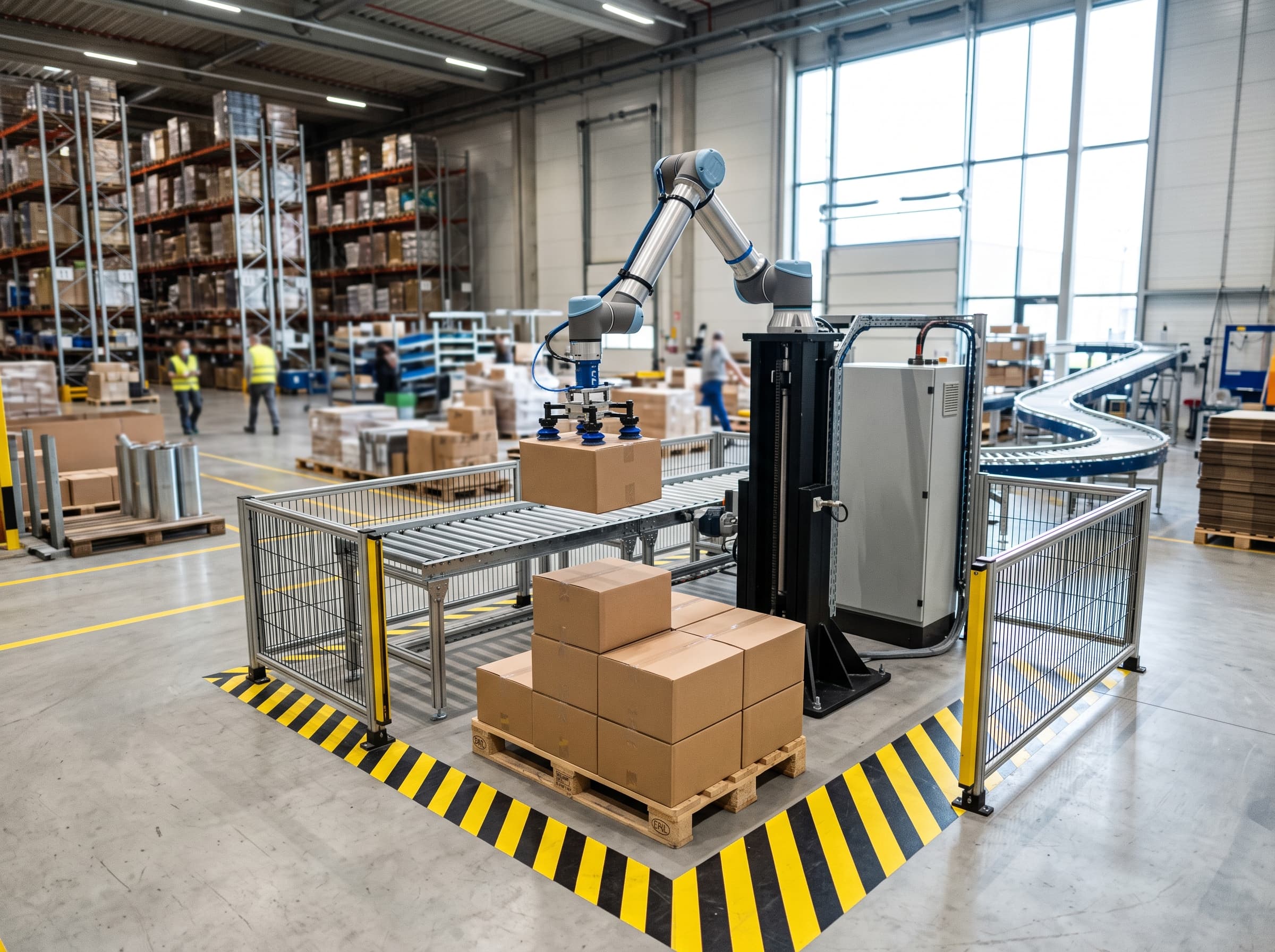 Industrial collaborative robot mounted on an automated telescopic vertical lift column stacking boxes onto a shipping pallet