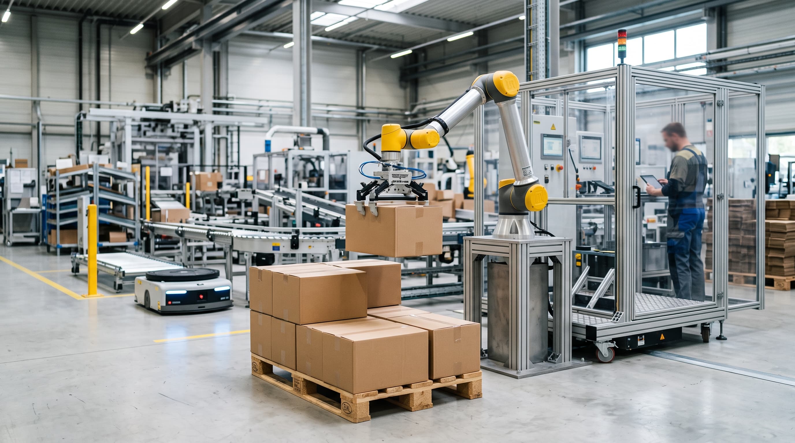Collaborative robot palletizing corrugated boxes onto a shipping pallet in a modern industrial automation facility