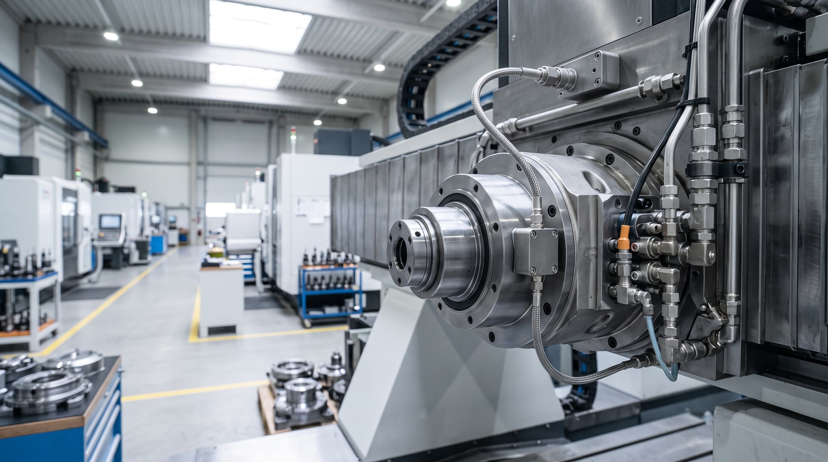 Close-up view of an industrial CNC machine spindle equipped with condition monitoring vibration hardware