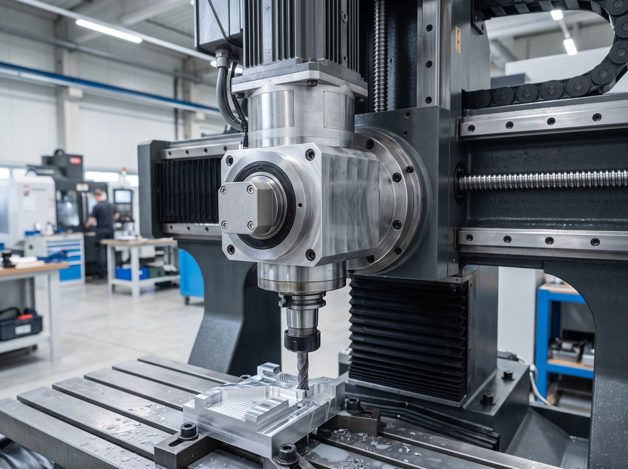 Industrial accelerometer mounted on the front bearing housing of a CNC milling spindle