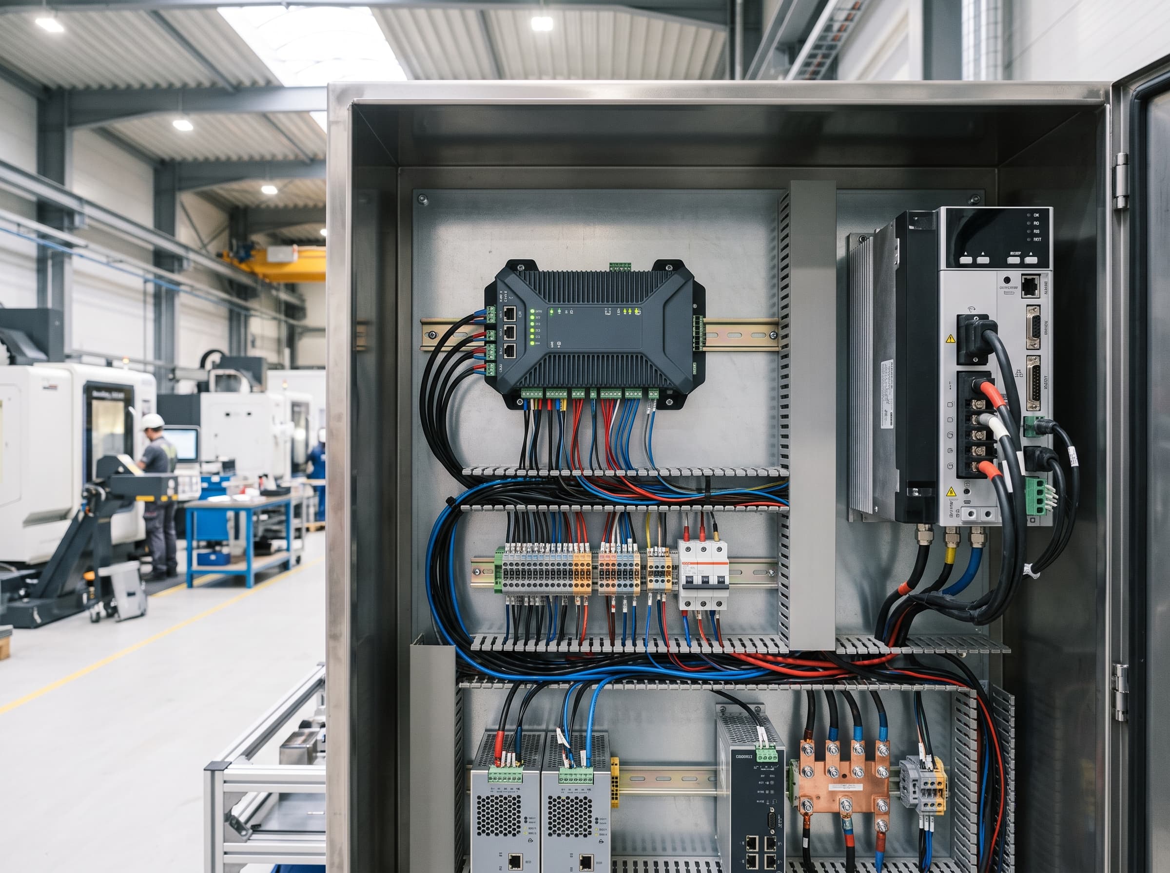 Compact edge AI computing device mounted inside an industrial CNC control cabinet